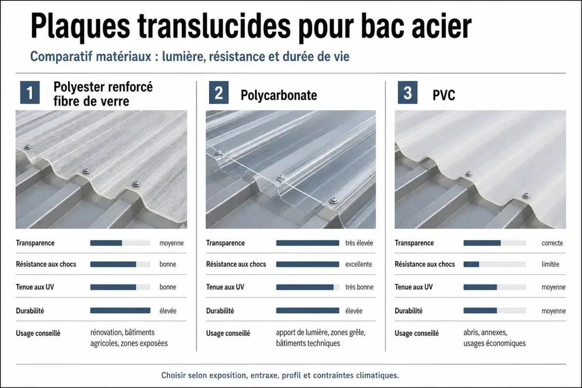 Comparatif du bac acier transparent entre polyester, polycarbonate et PVC