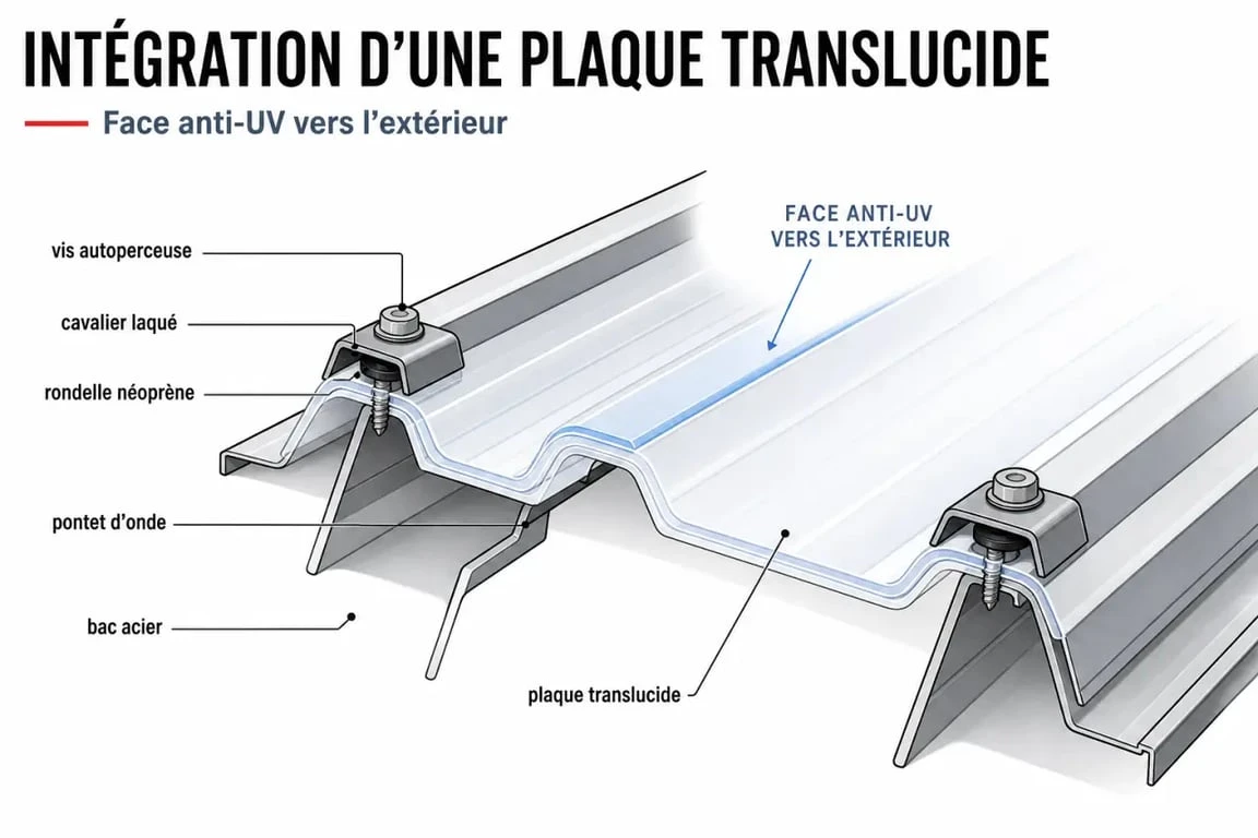 Schéma de pose d'un bac acier transparent avec face anti-UV et fixations