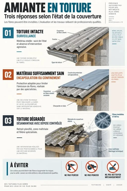 Infographie sur les solutions pour une toiture amiantée : surveillance, encapsulation ou désamiantage
