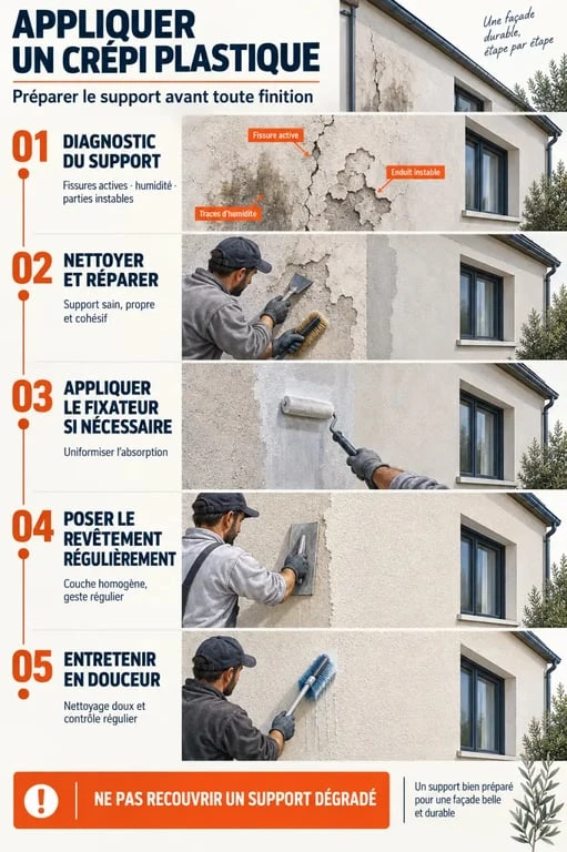 Étapes de préparation et d'application d'un crépi plastique sur une façade