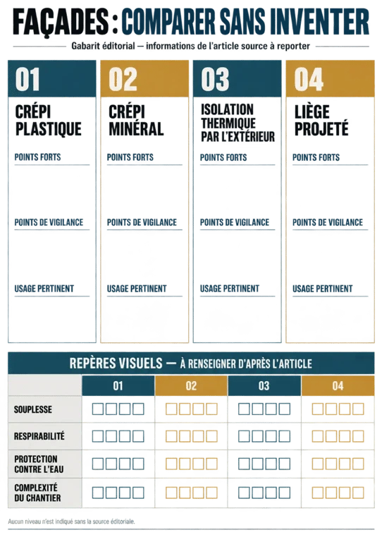 Infographie comparative du crépi plastique, du crépi minéral, de l'isolation extérieure et du liège projeté