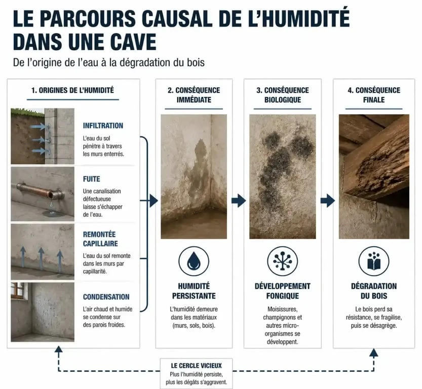 Schéma des causes et conséquences d’un champignon dans une cave humide