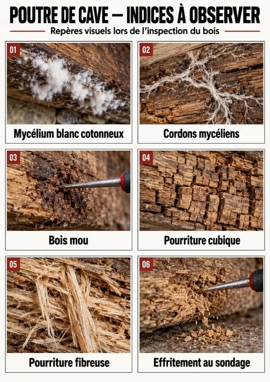 Indices visuels d’un champignon dans une cave humide sur une poutre en bois