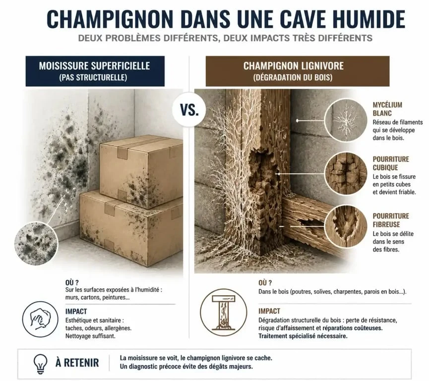 Comparaison des signes d’un champignon dans une cave humide : moisissure superficielle et champignon lignivore