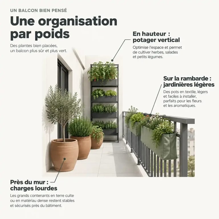 Schéma d'aménagement d'un potager urbain sur balcon respectant la répartition du poids