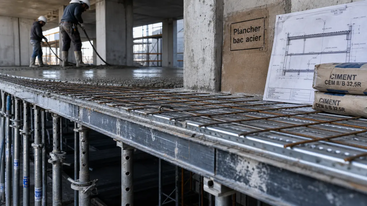 Plancher collaborant bac acier : bac acier prêt pour dalle béton sur chantier