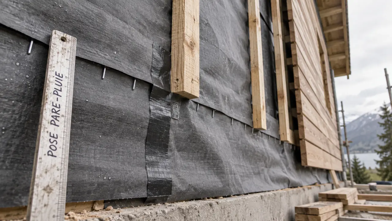 Pose pare pluie sous bardage : recouvrement et ventilation visibles