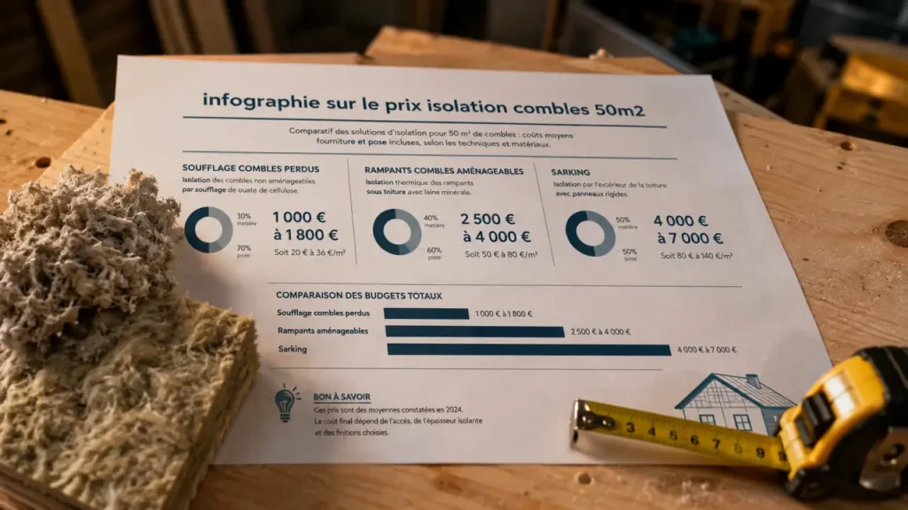 Prix isolation combles 50 m² : 1 000 à 12 500 € selon vos combles, la technique et le matériau