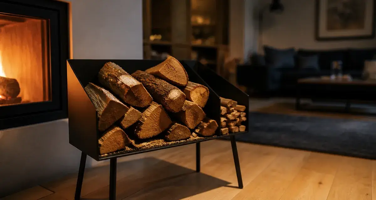Rangement bois intérieur : range-bûches sur pied dans un salon cosy