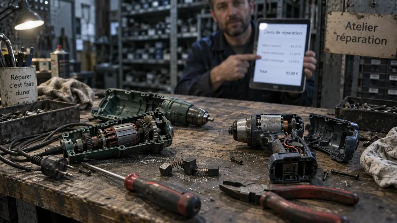 Atelier réparation outillage : technicien diagnostique une perceuse dans l’atelier