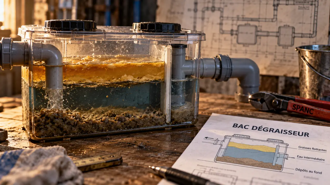 Bac à graisse maison individuelle : 200 ou 500 L, coupe et raccords PVC