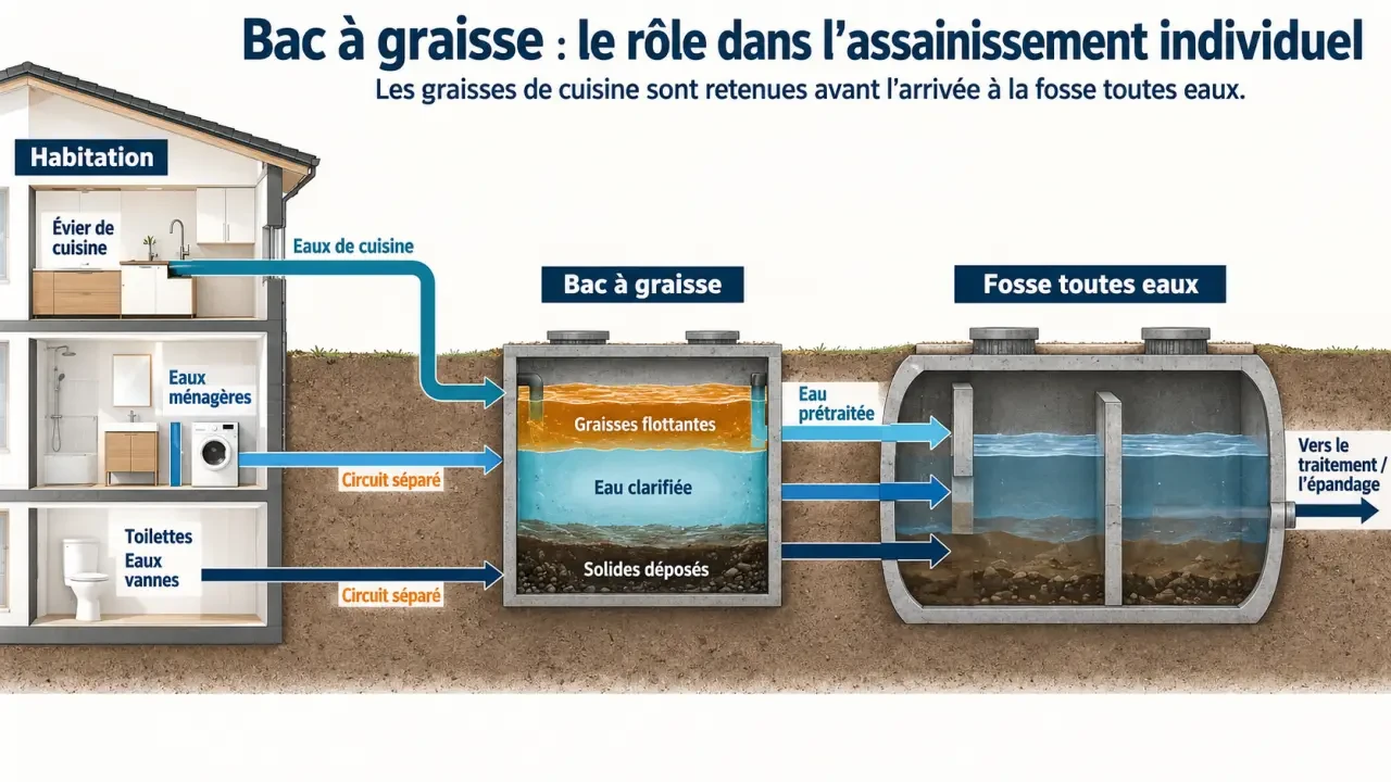 Schéma du fonctionnement d’un bac à graisse pour maison individuelle avec séparation des eaux ménagères et des eaux des toilettes