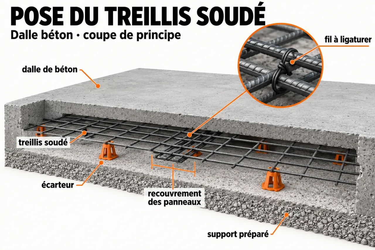 Schéma de pose d'une grille béton avec écarteurs et recouvrement des panneaux