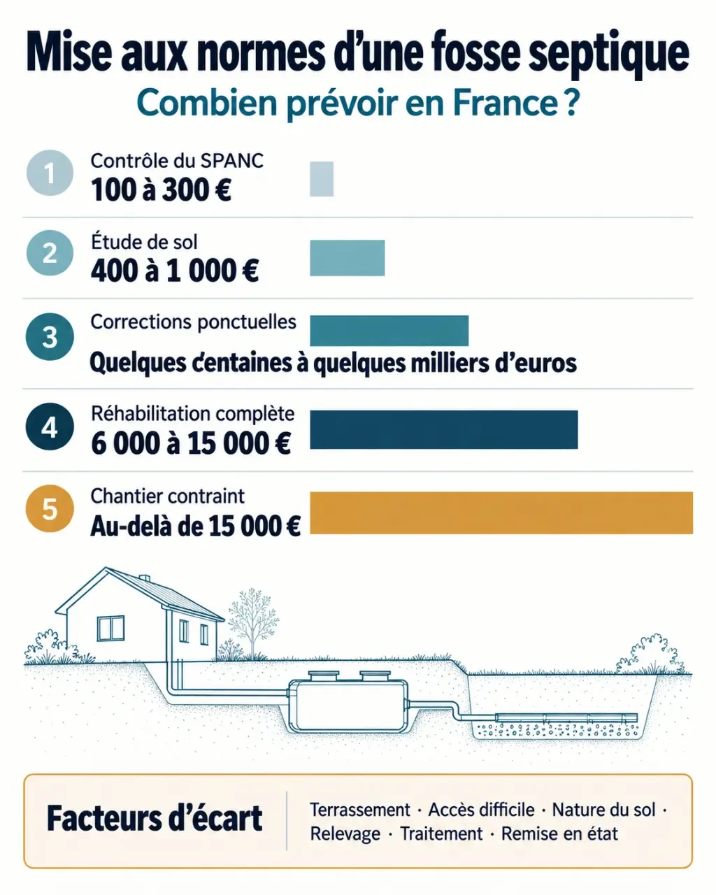 Infographie du prix d'une mise aux normes de fosse septique selon les travaux et les contraintes du terrain