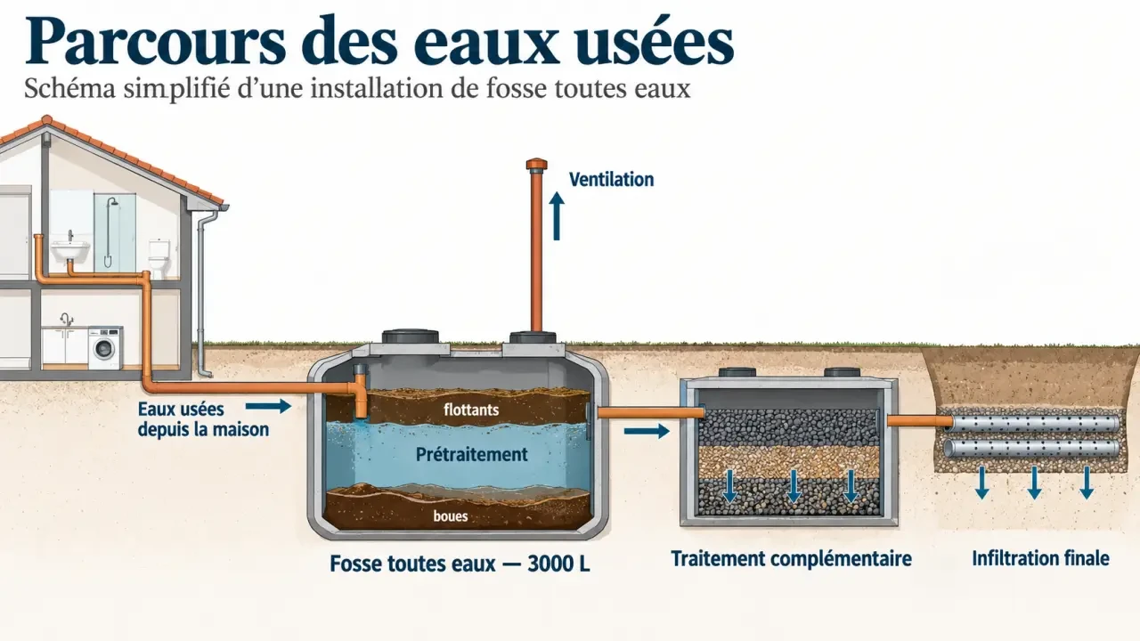 Schéma simplifié d’une installation fosse toutes eaux 3000l avec ventilation et traitement complémentaire
