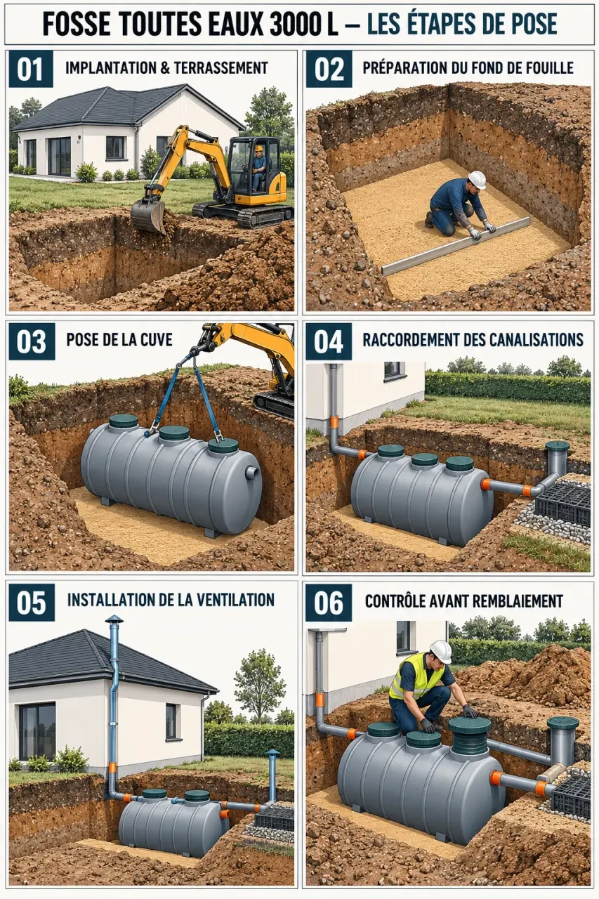 Étapes d’une installation fosse toutes eaux 3000l sur un chantier résidentiel