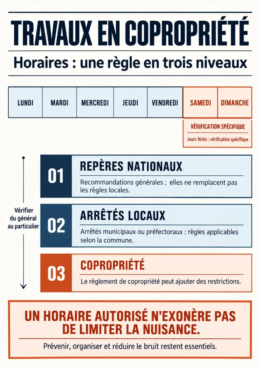 Infographie sur les horaires travaux en copropriété et la hiérarchie des règles applicables