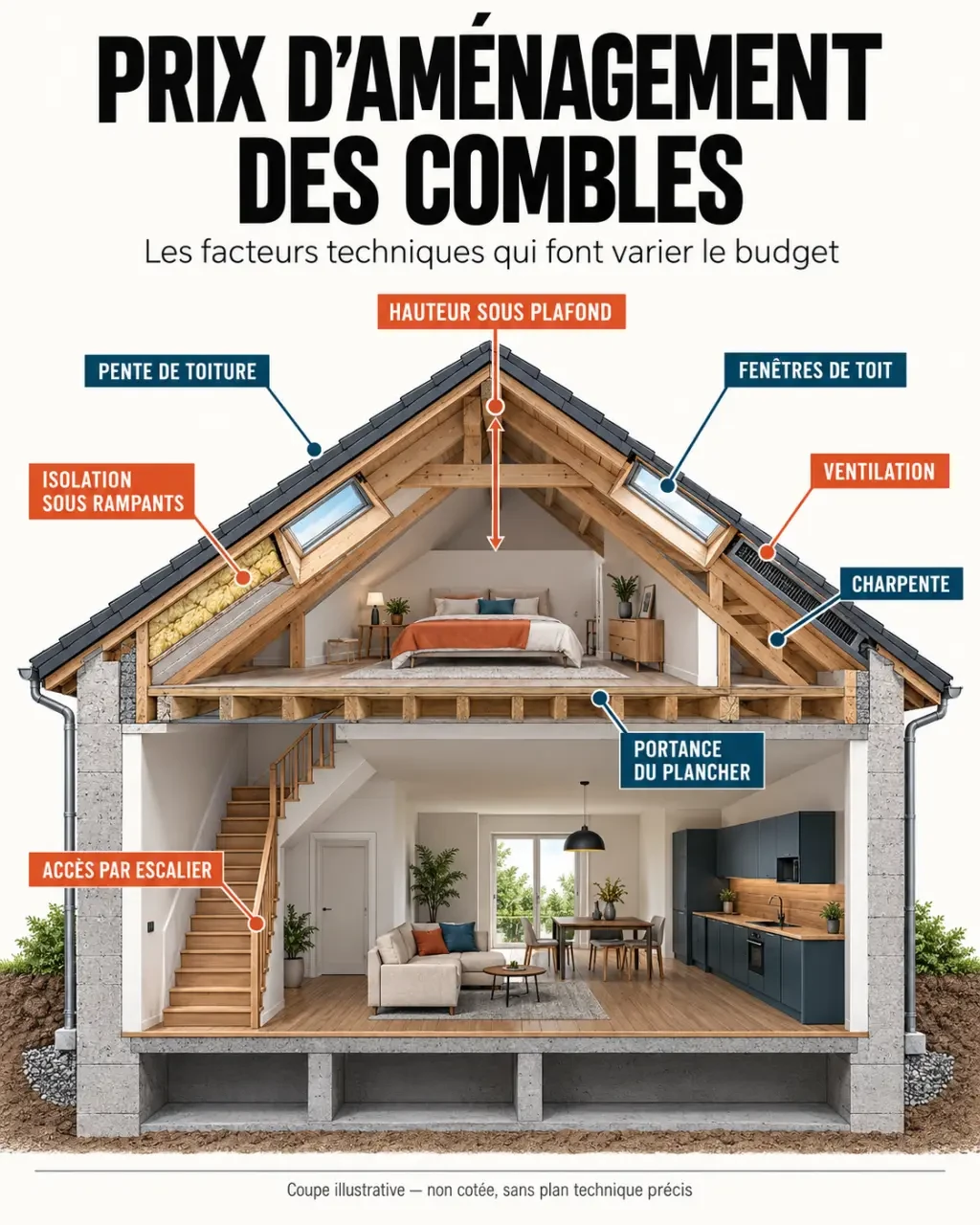 Schéma des facteurs techniques qui influencent le prix amenagement combles